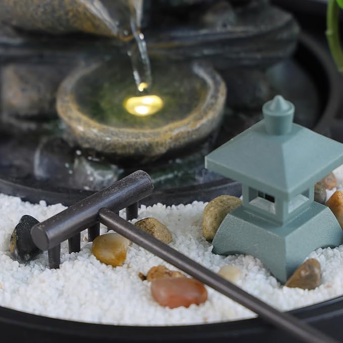 Indoor Tabletop Water Fountain with LED Lights & Pagoda, 4-Tier Rock Cascading Design, Artificial Flowers, White Stones and Rake, Zen Decor for Office/Living Room/Bedroom/Study (8.5" H)