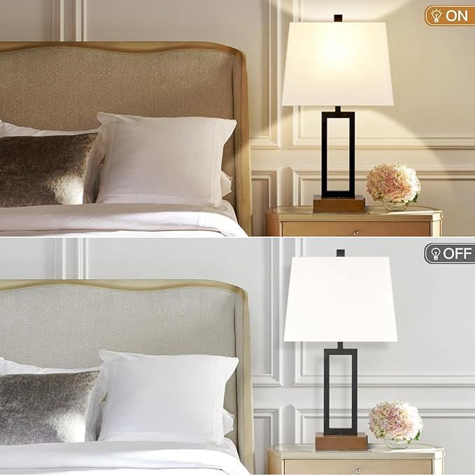 Table Lamp for Bedroom Set of 2 with 2 USB Ports and AC Power Outlet, 23.5" Modern Bedside Lamp, Wood Nightstand Lamp with Linen Shade for Living Room Hotel Desk(LED Bulb Included) - Bloomnest