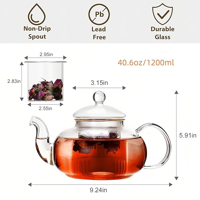 CnGlass 40.6oz/1200ml Glass Teapot with Removable Infuser,Stovetop Safe Tea Kettle,Blooming & Loose Leaf Tea Pot - Bloomnest