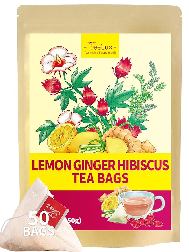 TeeLux Lemon Ginger Hibiscus Tea, Refreshing Lemongrass With Spicy Ginger, Tart Hibiscus, Sweet Licorice, Caffeine Free, 50 Count - Bloomnest