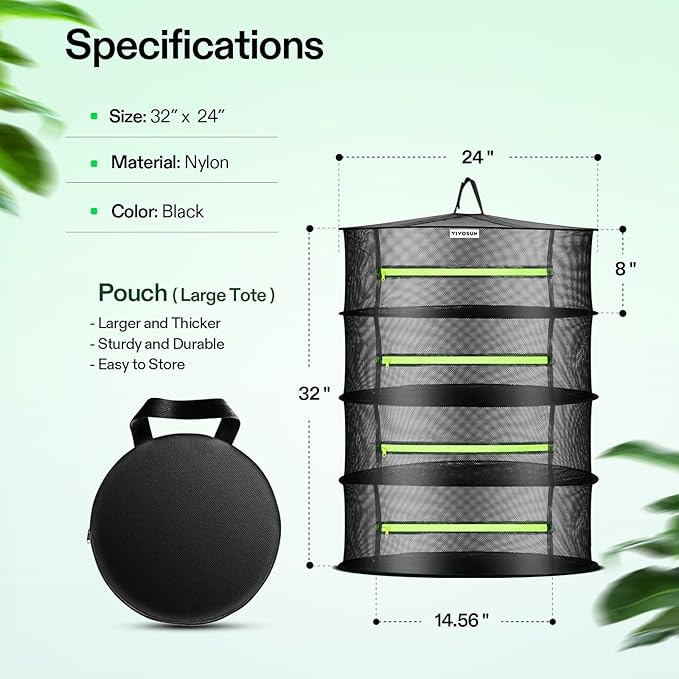 VIVOSUN 4-Layer Mesh Drying Rack Hanging Design with Green Zippers for Dehydrating, Indoor and Outdoor Pruning Shears Included - Bloomnest