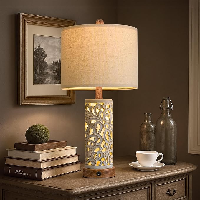 OYEARS 22'' Table Lamp Set of 2 for Living Room,Farmhouse Lamp for for Bedroom,Vintage Retro Bedside Lamps with USB Ports Linen Shade for Home Office (Brown, Bulb Included) - Bloomnest