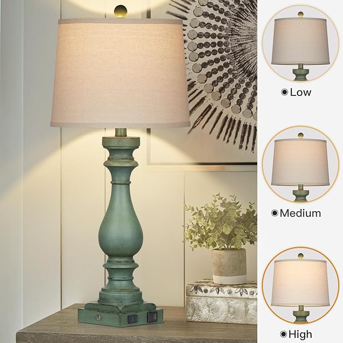 29" Tall Table Lamp for Living Room Set of 2,Vintage Bedside Nightstand Lamps with USB C+A Ports & AC Outlet,3-Way Dimmable Touch Control Retro Green Desk Lamp for Bedroom,Color 4 - Bloomnest