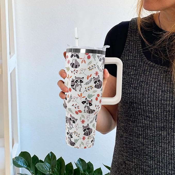 Ceovfoi 40 Oz Racoon Tumbler With Handle, Coffee Travel Mug Cup Water Bottle, Racoon Decor, Gifts for Women - Bloomnest