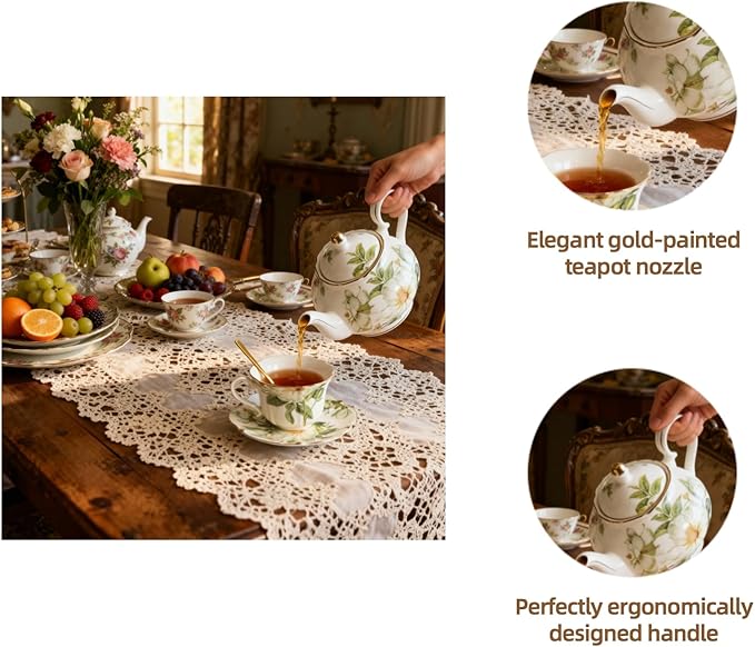 22oz Floral Ceramic Teapot – Vintage Gold Rim Porcelain Tea Pot for Loose Leaf, Blooming Tea & Coffee, Elegant Decorative Teapot for Tea Party, Flower Design (White Camellia) - Bloomnest