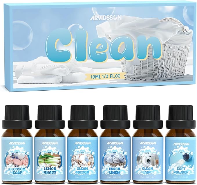 ARVIDSSON Clean Essential Oils Set, Natural Fragrance Oil for Diffuser, Soap Making - Fresh Linen, Clean Home, Fresh Cotton, Soft Powder, Blossom Soap, Lemongrass, Refreshing Scented Oils for Home - Bloomnest