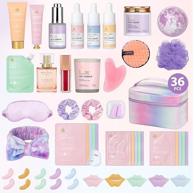 36 Pcs Valentines Day Gifts for Women , Hydrating Skin Care Kit, Bath and Body Gift Set, Face Sheet Mask, Leather Cosmetic Bag, Face Serum, Self Care Kit, Anniversary, Birthday, Mothers Day - Bloomnest