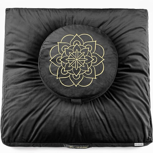 Hihealer Meditation Cushion Set Large Velvet Floor Pillow & Traditional Tibetan Yoga Bolster for Adults Zafu Meditation Mat with Buckwheat Filling (Black) - Bloomnest