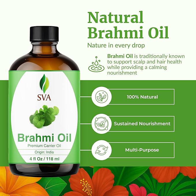 SVA Brahmi Oil - 4 Fl Oz – 100% Natural Cold Pressed Brahmi Oil - for Face, Skin Care, Hair Care, Scalp Massage & Body Massage – Carrier Oil with Dropper - Bloomnest