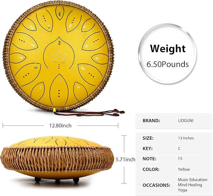 Steel Tongue Drum 13 Inches 15 Notes, Hand Pan Drums for Adults 440hz, C Major Handpan Musical Instrument with Song Book, Mallets and Carry Bag, Yellow - Bloomnest