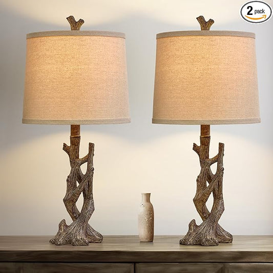 OYEARS 23" Rustic Farmhouse Table Lamp Country Cottage Lamps for Nightstand Tree Trunk Wood Grain Lamp for Bedroom Living Room with Oatmeal Fabric Round Shade Resin Bedside Lamp - Bloomnest