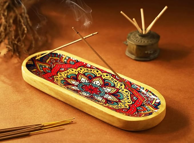 Yajna Traditional-Handmade Incense-Stick-and-Cones-Holder Incense-Burner-ash-Catcher-Stand Wooden-Tray-Holder (Mandala) - Bloomnest