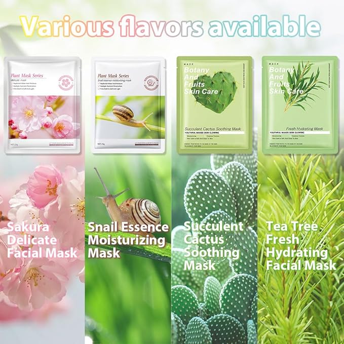 12 Pack Various Plants Face Sheet Mask Skincare,Hydrating Face Mask For Sensitive Skin,Moisturize,Soothing,Nourish for All Skin Types,Natural Spa Party Facial Mask Skincare Set for Women Men - Bloomnest