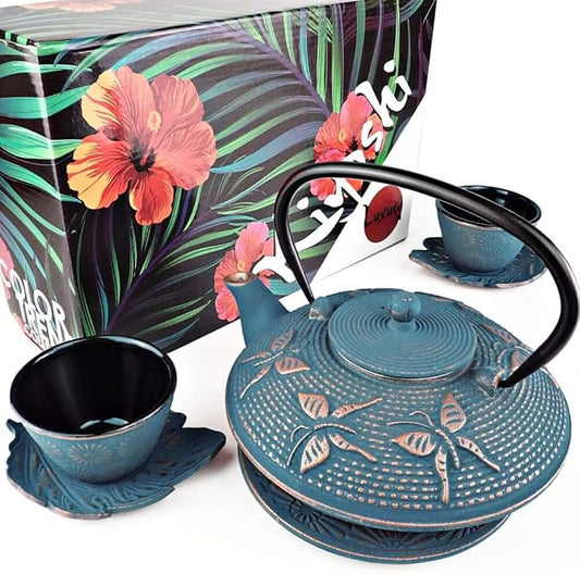 7PC Japanese Tea Set. "Blue Butterfly" Cast Iron Tea Pot with 2 Tea Cups, 2 Saucers, Tea Infuser and Teapot Trivet. Ceremonial Matcha Accessories