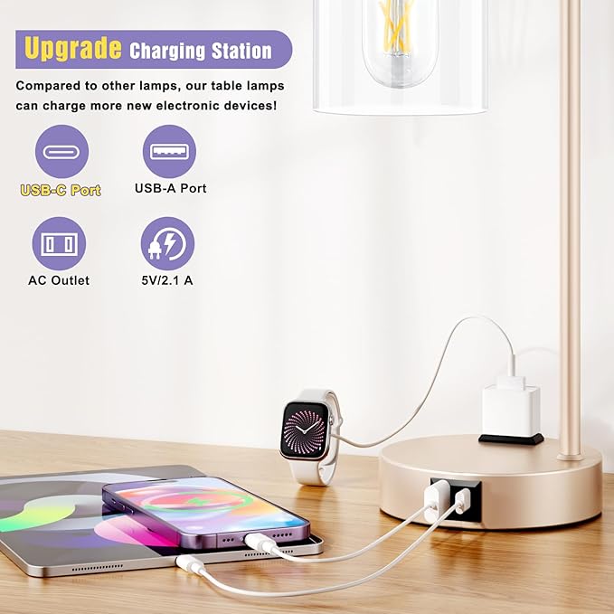 Industrial Touch Table Lamps for Bedrooms Set of 2 - 3-Way Dimmable Lamps with USB C+A Ports and Outlet, Champagne Gold Bedside Lamps with Clear Glass Shade for Living Room, Desk Lamps for Home Office - Bloomnest
