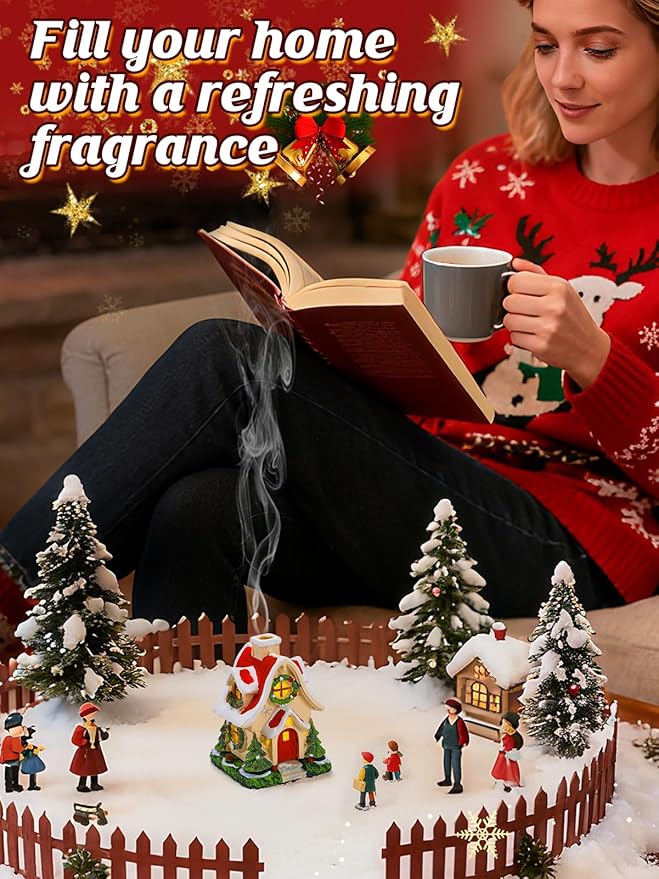 Christmas Log Cabin Incense Burner - Gift for Mom Wife Her Women, Christmas Village House Incense Holder with 2 Incense Cones for Home Decorations, Red - Bloomnest