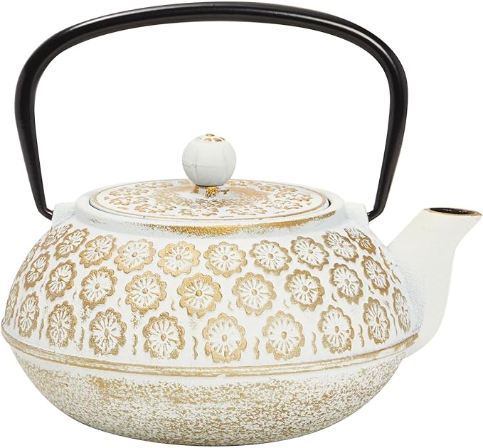 Juvale Floral Cast Iron Teapot - 34 oz, White - With Stainless Steel Infuser & Warmer - Japanese Kettle for Loose Leaf Tea - Stovetop Infuser Kettle