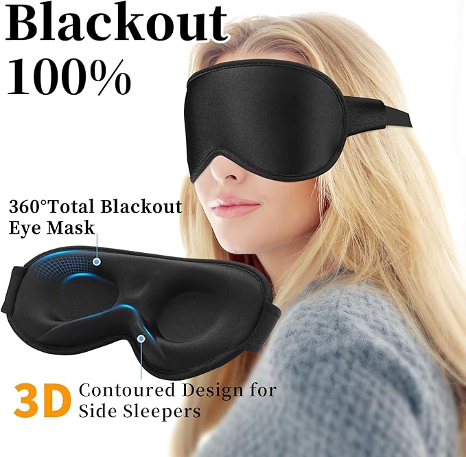 3D Sleep Mask for Men&Women, 2 Pack Contour Eye Masks for Sleep, Side Sleeping Mask for Men&Women, Blackout Eye Mask for Sleeping Eye Mask, Airplane Travel Essentials, Meditation Black Cooling Silk - Bloomnest