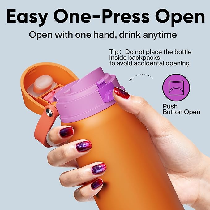 Insulated Water Bottle with Straw - Encool Stainless Steel Water Bottle with Push Button Lid, Leak-Proof & BPA-Free, Keeps Cold for 24 Hours for Sports, Travel, Gym (32 oz, Tiger Eye) ENCOOL