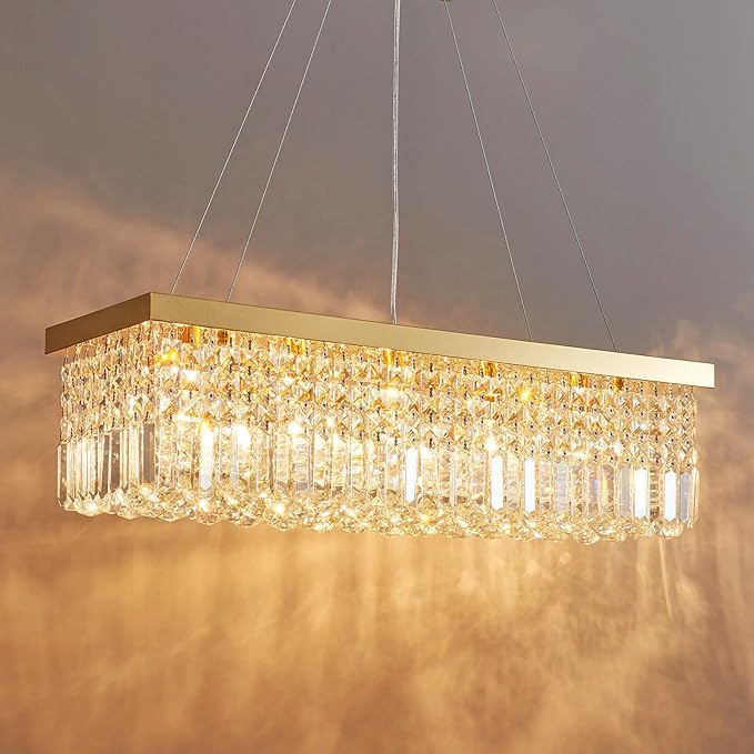 Saint Mossi 5-Lights K9 Crystal Chandelier for Dining Room, Rectangular Pendant Light Fixture for Kitchen Island, Raindrop Chandelier, H9 x W10 x L31, Chain Adjustable - Bloomnest