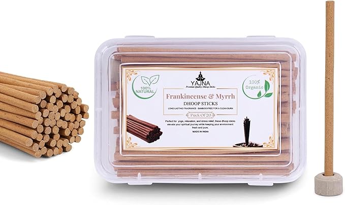 Yajna Frankincense-and-Myrrh-100%-Natural-Incense-Bambooless-Dhoop-Sticks Handmade-Organic-Chemicals-Free for-Relaxation-Positivity-Yoga-Meditation The-Best-scents-4.5-Inches-20-Count