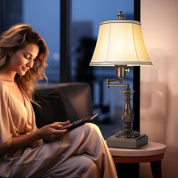 23.5" High Rustic Traditional 350° Adjustable Swing Arm Table Lamp Set of 2 with USB A+C Ports Brown Finish Cream Shade Vintage Nightstand lamp for Living Room Bedroom Office (Bulb Included)