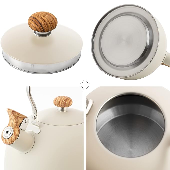 2.6 Quart/2.5 L Whistling Tea Kettles with Wood Grain adjustment Nylon Handle, Capsule Base Tea Kettle, White (White) - Bloomnest