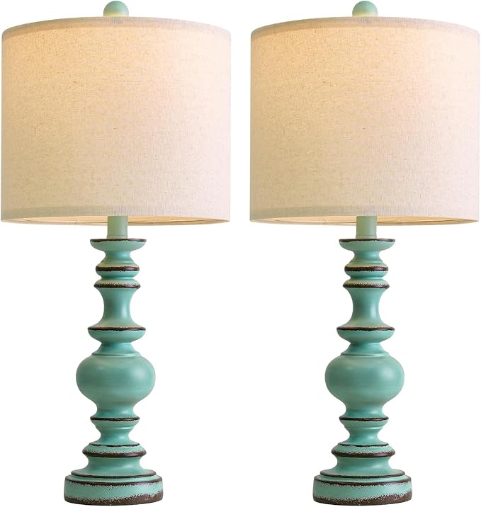 BOBOMOMO 24" Farmhouse Table Lamps Set of 2 – Distressed Teal Lamps with Linen Shades, Cottage Style Bedside Lamps for Bedroom, Living Room, or Entryway, Medium Height Lamps with Coastal Vintage Charm - Bloomnest