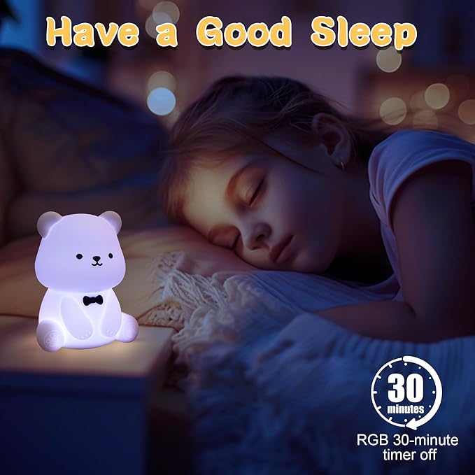 YuanDian Cute Bear Night Light for Kids, Decorate Kids' Bedroom with Silicone Bear Nightlights with 8 Color Lights, Christmas Birthday Gift for Children Toddlers Teens Adults Babies - Bloomnest