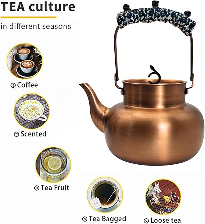 YJX Pure Copper Tea Kettle For Stovetop, Chinese Style Non-Coating Teapot with Stainless Steel Tea Ball For Loose Tea, Solid Tea Pot (1600ml) - Bloomnest