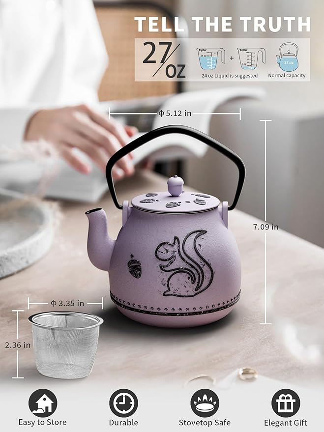 Toptier Teapot with Removable Infuser, Cast Iron Tea Kettle Stovetop Safe, Squirrel Design Tea Pot Coated with Enameled Interior for 32 Ounce (950 ml), Purple - Bloomnest
