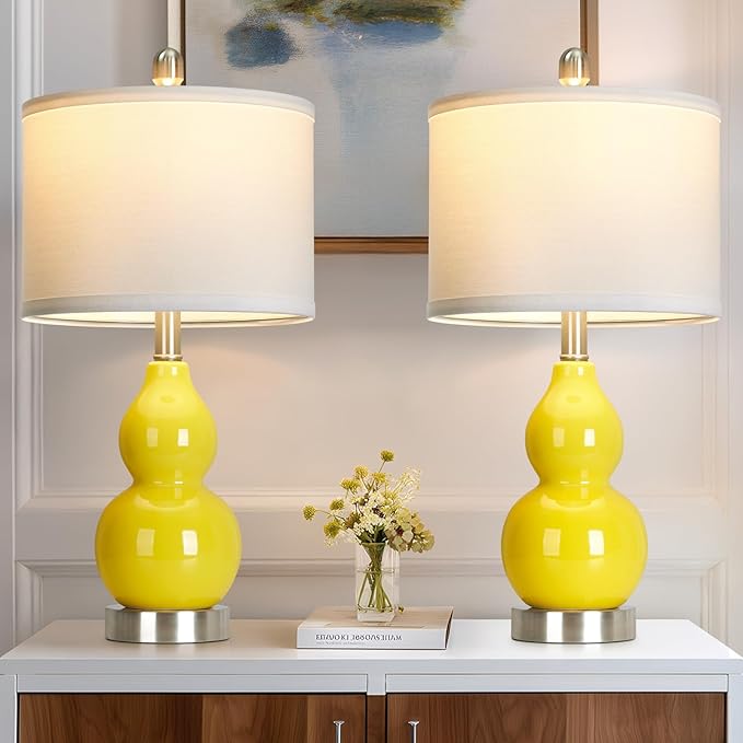 Double Gourd Ceramic Table Lamps Set of 2, Modern Yellow Bedside Lamps for Night Stand, Contemporary Nightstand Lamps for Bedroom Living Room (Bulb Included) - Bloomnest