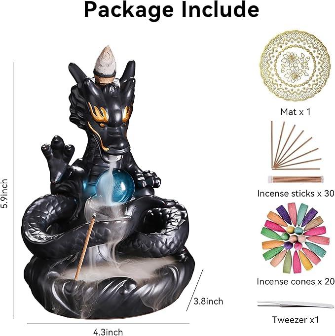 YYW Dragon Backflow Incense Holder, Waterfall Incense Burner with 30 Backflow Incense Sticks, 20 Fragrance cones, Ceramic Hand-Made Incense Holder for Aromatherapy Ornament Home Decor - Bloomnest