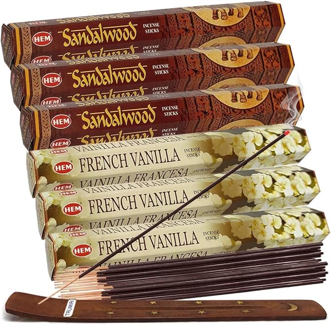 Sandalwood Incense Sticks and French Vanilla Incense Sticks with Incense Holder Bundle for Home Fragrance and Spiritual Décor - Bloomnest