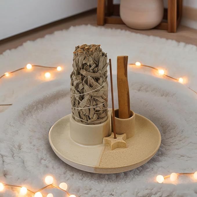 4 in 1 Incense Holder, Ceramic Incense Stick and Palo Santo Holder,Sage Holder for Burning- 5.5" Ceramic Ash Catcher Tray for Meditation and Yoga Room (Star Sand) - Bloomnest
