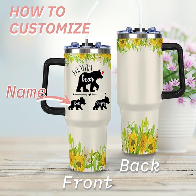 Personalized Mama Bear Tumbler with Kids' Names, Custom 40oz Tumblers with Handle and Straw Lid, Mothers Day Birthday Gifts From Daughter Son, Stainless Steel Travel Coffee Mug, Gifts for Christmas - Bloomnest