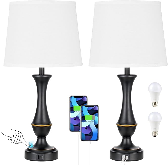 Seealle Upgraded Touch Lamps for Bedrooms Set of 2 - Nightstand Table Lamp with USB C+A, 3 Way Dimmable Lamps for Living Room, Office(White) - Bloomnest