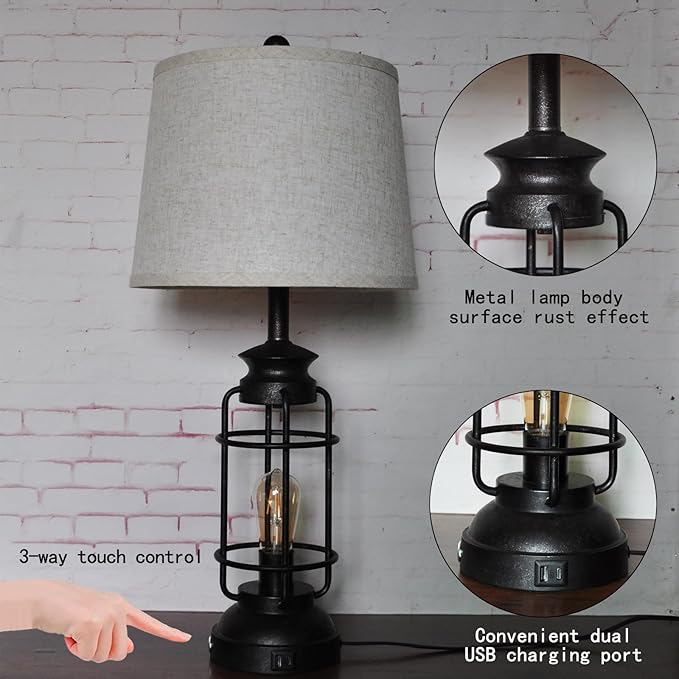 Table Lamps Set of 2 with USB Port 3 Way Dimmable Touch Lamps 28.5" Tall Rustic Industrial Living Room Lamps for Bedroom Bedside Office 4 Bulbs Included - Bloomnest
