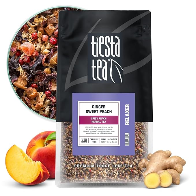 Tiesta Tea - Ginger Sweet Peach, Spicy Peach Herbal Tea, Tranquility Blend, Loose Leaf, Non-Caffeinated Hibiscus & Cane Sugar, Brews Up to 200 Cups, 16oz Bulk Pouch - Bloomnest