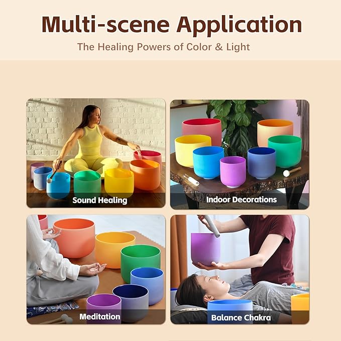 CVNC Set Of 7 PCS 440HZ 6-12 Inch Colored Frosted Chakra Quartz Crystal Singing Bowls Sound Healing Instrument with 2 PCS Travel Carry Case Bag for Meditation - Bloomnest