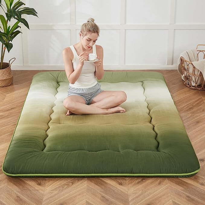 Japanese Floor Mattress, Futon Mattress with Portable Storage Bag and Washable Cover, Roll Up Thick Tatami Mat Suitable for Camping, Guest Room (Forest Gradient, Full) - Bloomnest