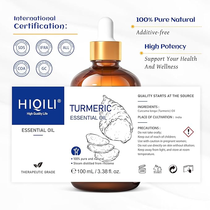 HIQILI 100ML Turmeric Oil for Face Skin Care, Aromatherapy,100% Pure, Use After Dilution- 3.38 Fl Oz - Bloomnest