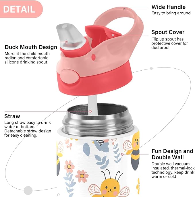 Funny Bee Honey Kids Insulated Water Bottle, Toddlers Tumbler Travel Cup with Straw & Handle Stainless Steel Cup for Travel School Girls 12 oz - Bloomnest