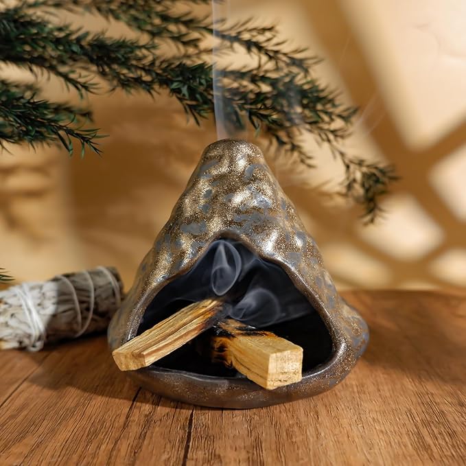 Black Gold Palo Santo Incense Burner-Unique Zongzi-Shaped Clay Smudge Bowl for Sage,Copal, and Stick Incense-Mini Chiminea for Zen Meditation,Yoga,Altar,Aromatherapy & Energy Cleansing Decor MOUGIGI