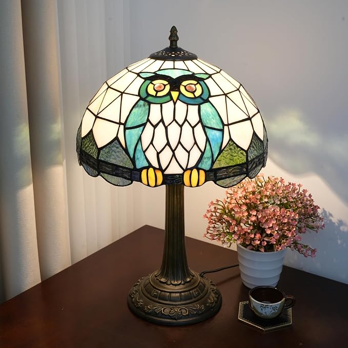 Tiffany Lamp Owl Animal Style Stained Glass Table Lamp Vintage Bedroom Bedside Light for Home Dorm Office Art Craft Antique Decor Accent Aesthetic Nightstand Reading Light 12x12x19 Inches - Bloomnest