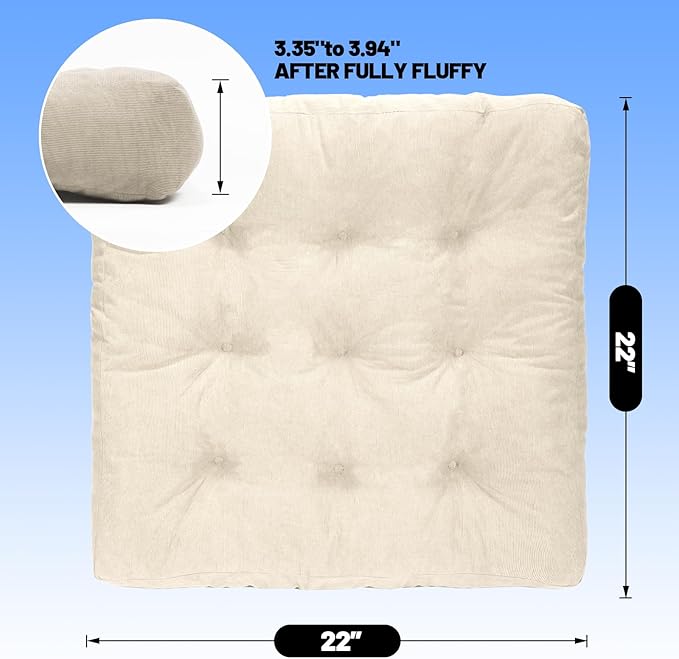 Meditation Floor Pillow Set of 2, Square Large Pillows Seating for Adults, Tufted Corduroy Cushion for Tatami Living Room, 22x22 Inch FP-Beige