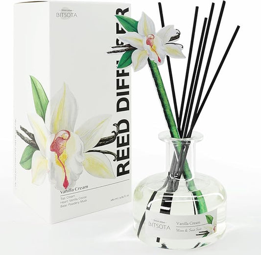 Reed Diffuser Set, 9.85 oz Vanilla Cream Scented Diffuser with Decorative Card Home Fragrance Reed Diffuser for Bathroom Shelf Decor, Ideal Gift for Woman