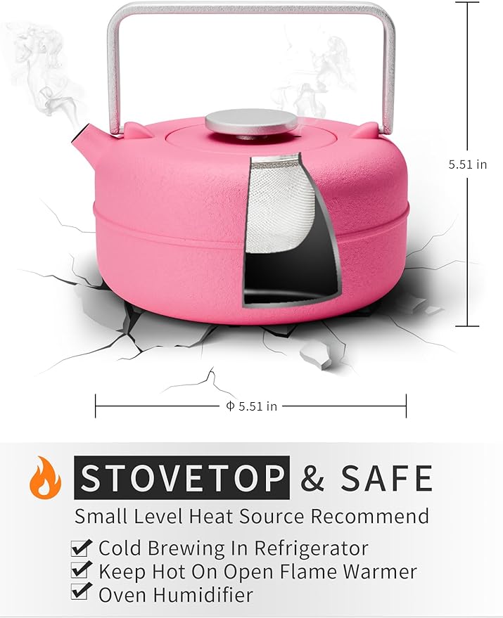 Toptier Teapot with Removable Infuser, Cast Iron Tea Kettle Stovetop Safe, Solid Geometry Cylinder Design Tea Pot Coated with Enameled Interior for 27 Ounce (800 ml), Rose Red - Bloomnest