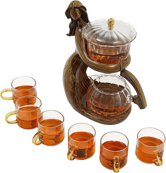 Semi Automatic Glass Teapot Set with 6 Small Cups, Magnetic Teapot with Infuser Tea Maker Machine for Homes, Offices, Gatherings (Coffee)