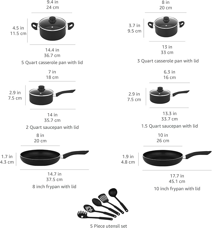 Amazon Basics Non Stick Kitchen Cookware 15-Piece Set, Non-Induction, Includes Pots, Pans, and Utensils, Black - Bloomnest